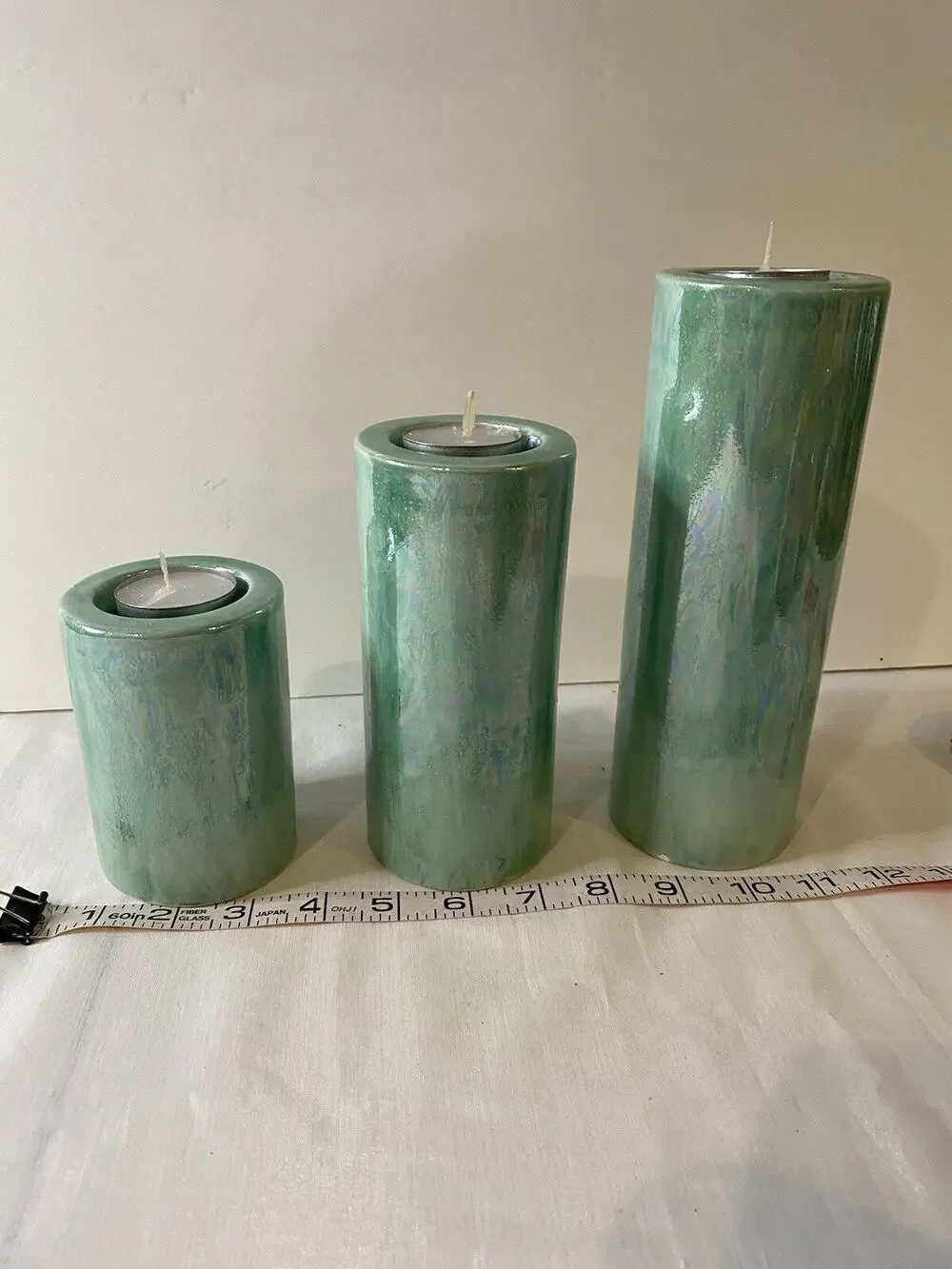 3 Piece Tea Light Ceramic Light Green Glaze Candle Holders-no makers markings